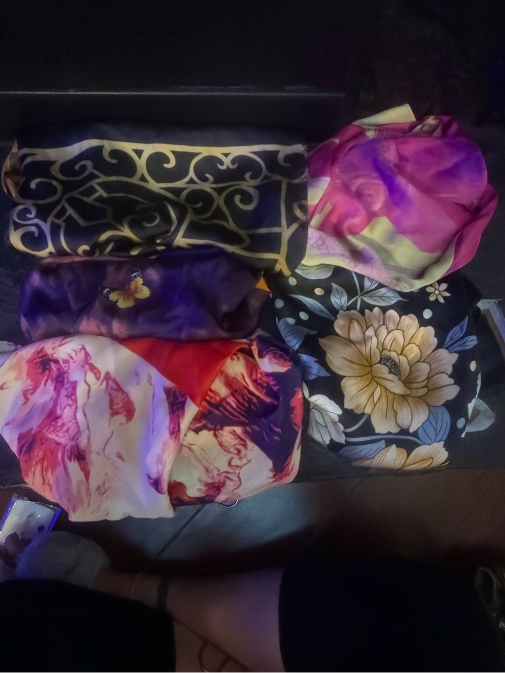 Lot of 5 Assorted Floral and Patterned Silk Scarves - Multicolor